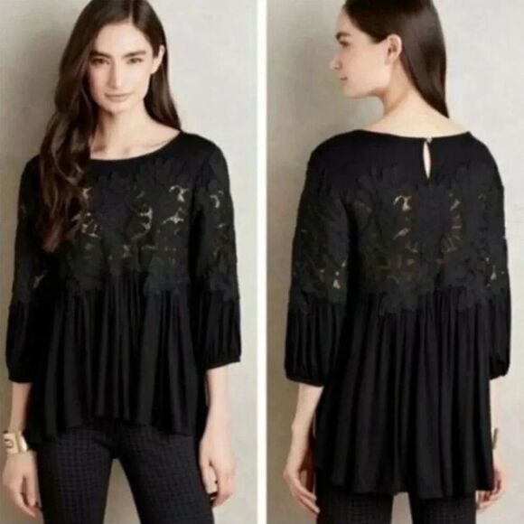 Anthropologie Deletta Desi Blouse Crochet Lace 3/4 Sleeves Women Small Black - Picture 2 of 7